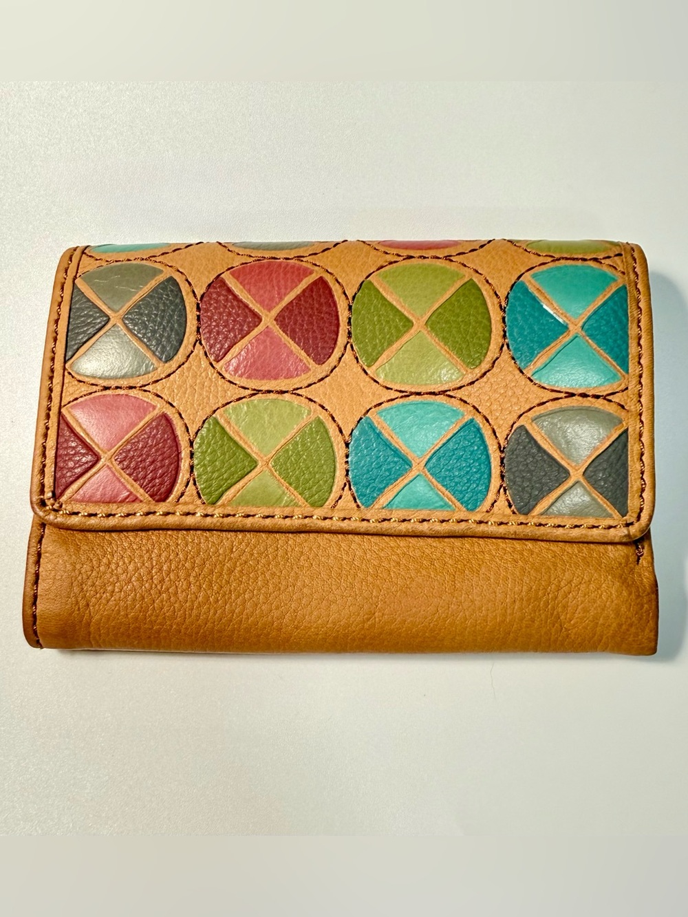 Fossil Vintage Leather Patchwork Trifold Wallet Boho Geometric Multicolor